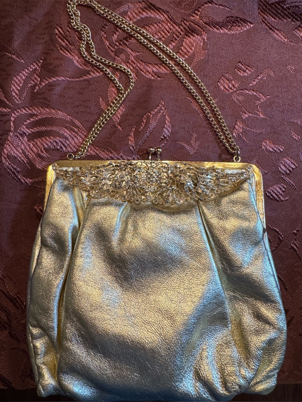 Vintage MCM 1950s Gold Metallic Evening Bag Rhinestone Clutch Lamé Purse Delill